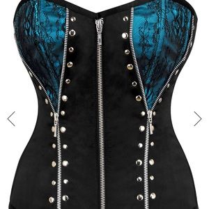 Turquoise and Black Overbust Corset with zips, Size 24